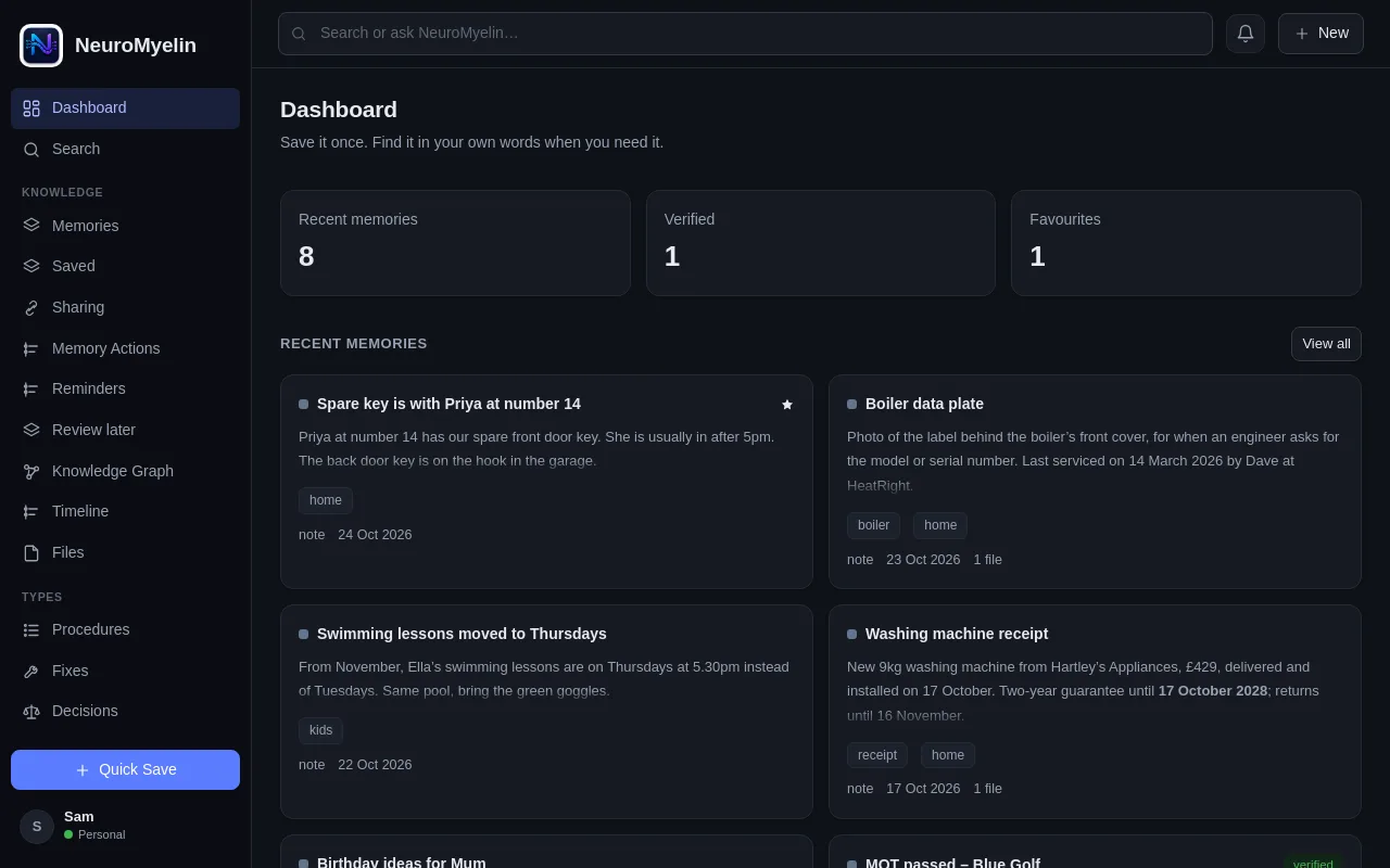The NeuroMyelin macOS app with its sidebar and recent memories.