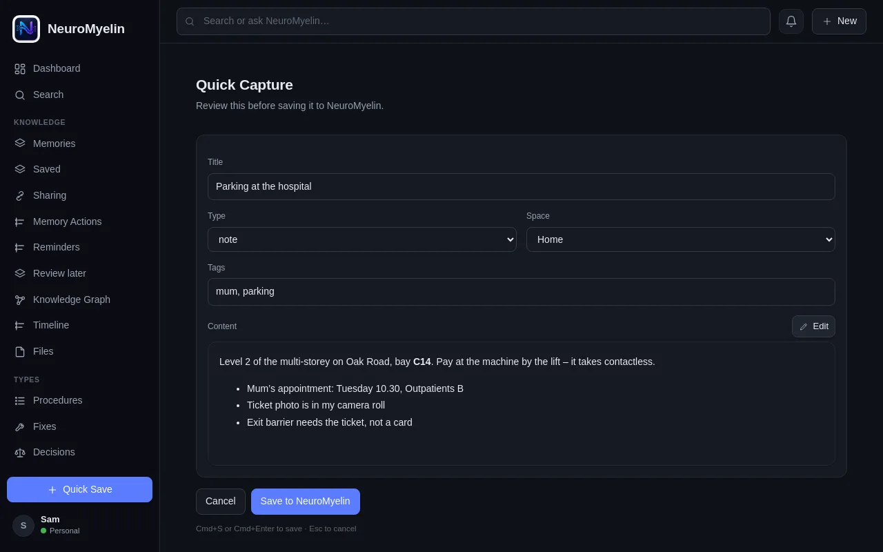 macOS app Quick Capture page with a note about parking at the hospital, tags and a formatted preview.