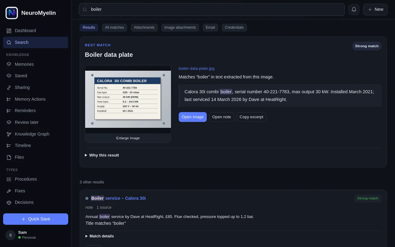 macOS app search for “boiler” with the boiler data plate photo as the best match.