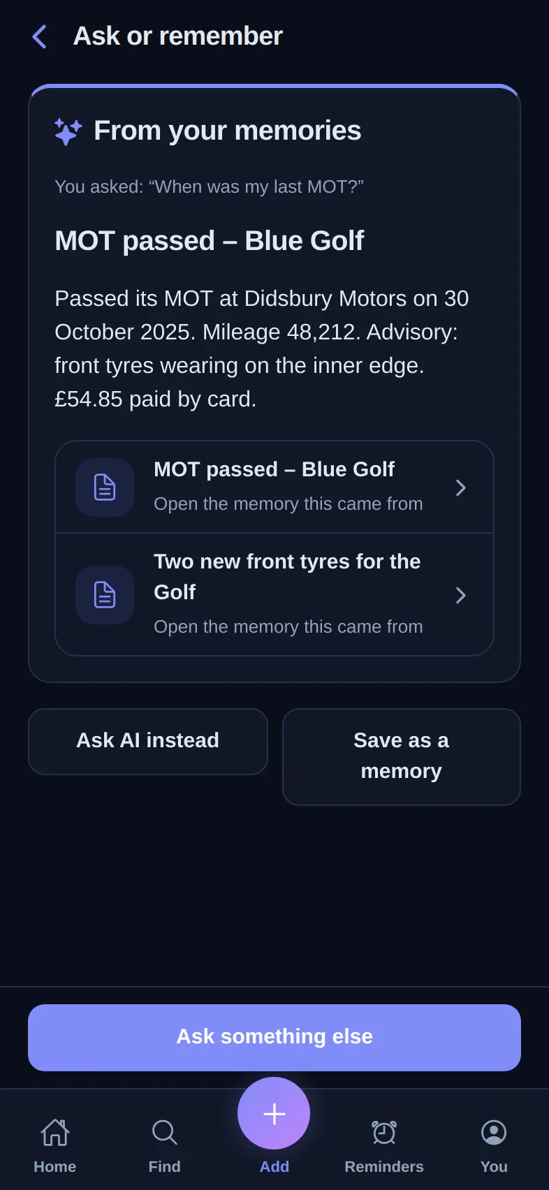 Phone app answering “When was my last MOT?” with the saved memory “MOT passed – Blue Golf” and links to its sources.
