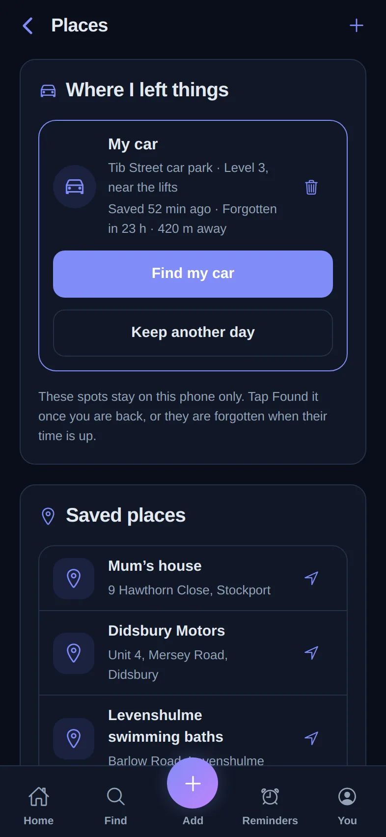 Phone app Places screen with the parked car 420 m away and saved places.