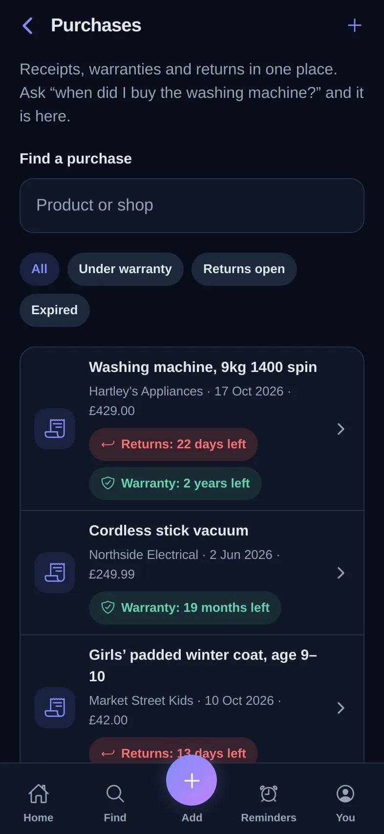 Phone app Purchases screen with a washing machine, its returns countdown and warranty.