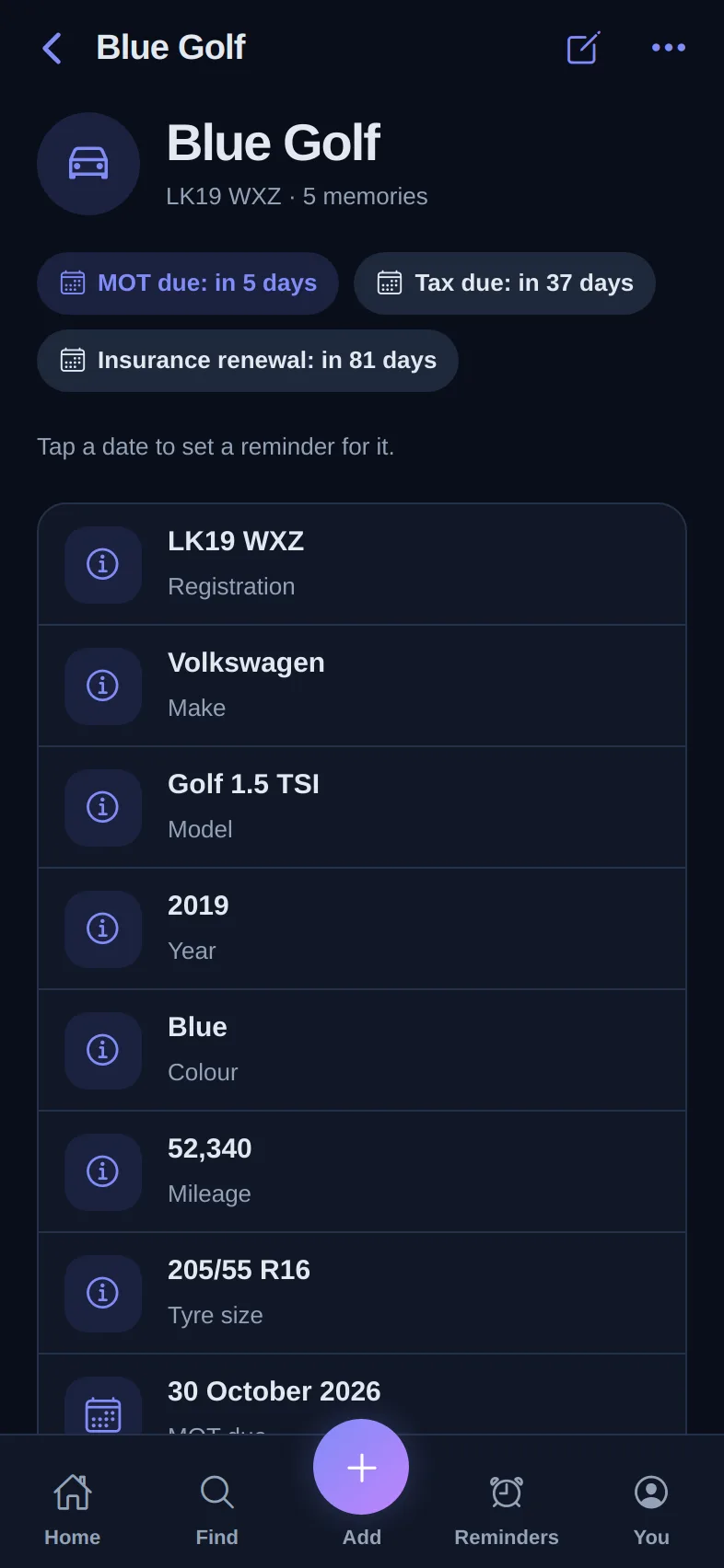 Phone app vehicle page for the Blue Golf with MOT, tax and insurance countdowns.