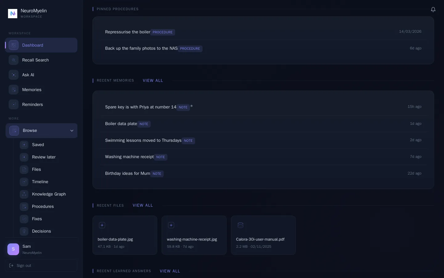 The NeuroMyelin web app dashboard with recent memories and what’s coming up.