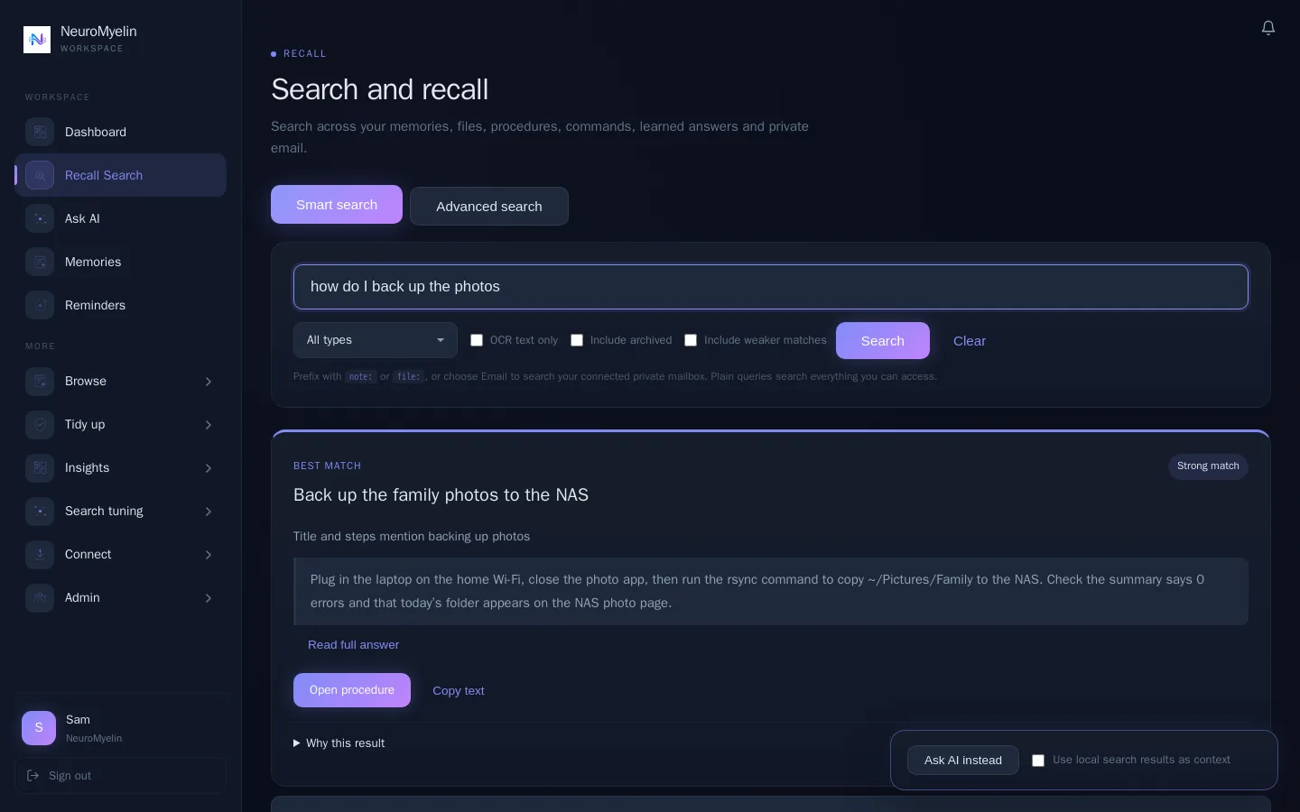 Web app recall search with a strong best match for a saved procedure, its steps and the source it came from.