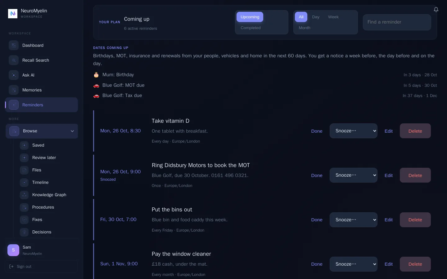 Web app Reminders page with daily, weekly and monthly reminders, a snoozed reminder and dates coming up.
